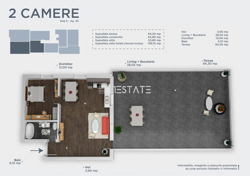 Titan/ Pallady finalizat  2 camere cu terasa de 84mp